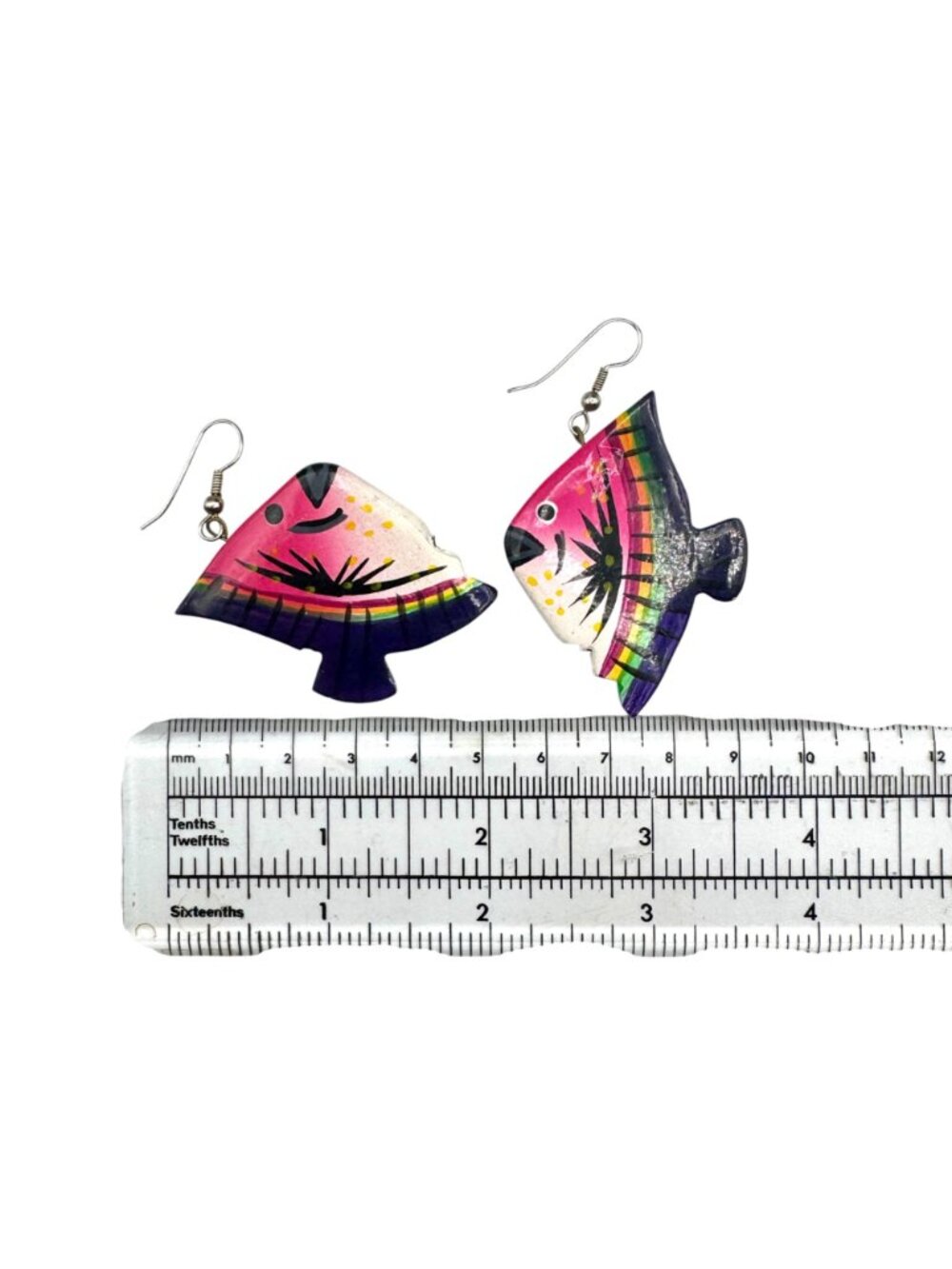 Tropical Fish Earrings Pierced Hand Painted Wood Beachy Summer Bright Colors - Picture 5 of 6